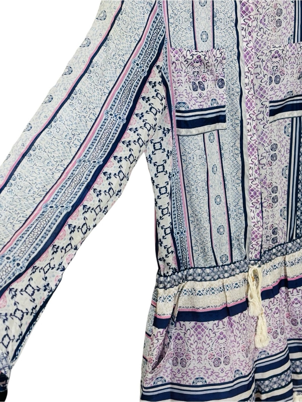 Twelfth Street Cynthia Vincent Cotton Silk Romper M Boho Blue Pink Tassel Fringe - Picture 9 of 16